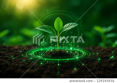 AI generated young seedling emerging from fertile soil surrounded by glowing digital interface representing smart agriculture innovation and sustainable data driven farming 129193838