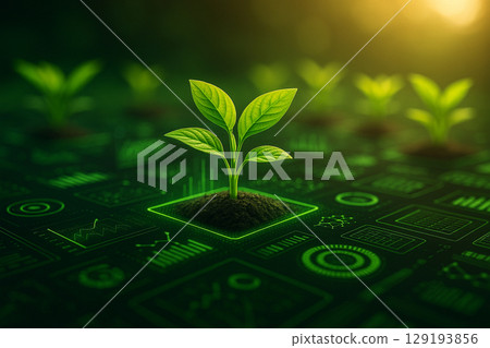AI generated vibrant green seedlings growing from digital soil with glowing interfaces symbolizing smart farming technology innovation and sustainable agriculture 129193856