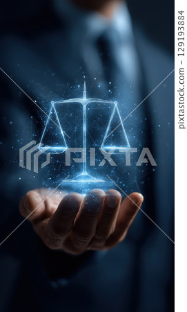 Business professional presents glowing digital scale of justice, symbolizing AI in law 129193884