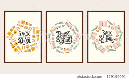 Back to school simple poster set. Trendy school banners, backgrounds. Modern design with school supplies, education stickers, doodle. Back to school, college, study concept. Back to school simple poster set. Trendy school banners, backgrounds. Modern design with school supplies, education stickers, doodle. Back to school, college, study concept. 129194091