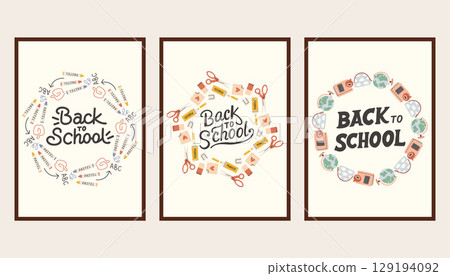 Back to school simple poster set. Trendy school banners, backgrounds. Modern design with school supplies, education stickers, doodle. Back to school, college, study concept. Back to school simple poster set. Trendy school banners, backgrounds. Modern design with school supplies, education stickers, doodle. Back to school, college, study concept. 129194092