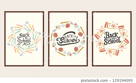 Back to school simple poster set. Trendy school banners, backgrounds. Modern design with school supplies, education stickers, doodle. Back to school, college, study concept. Back to school simple poster set. Trendy school banners, backgrounds. Modern design with school supplies, education stickers, doodle. Back to school, college, study concept. 129194093