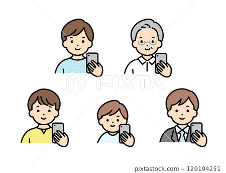 Illustration material of men of various generations holding smartphones Illustration material of men of various generations holding smartphones 129194251