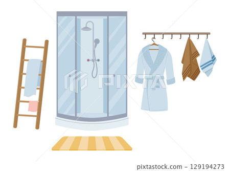 Bathroom interior. Cartoon modern cozy bathroom interior with shower, textile hooks and towel dryer flat vector illustration. Scandinavian bathroom interior 129194273