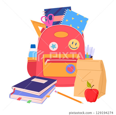 Cartoon childish school backpack. Kids school backpack with books and school supplies flat vector illustration. School bag on white background 129194274
