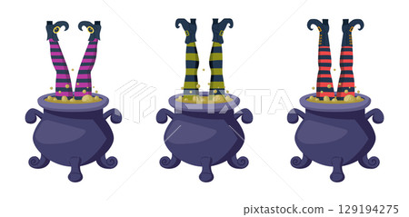 Cartoon funny witch stockings legs. Halloween witch legs sticking out of witchcraft cauldron flat vector illustration set. Droll witch stockings legs in cast iron boiler Cartoon funny witch stockings legs. Halloween witch legs sticking out of witchcraft cauldron flat vector illustration set. Droll witch stockings legs in cast iron boiler 129194275