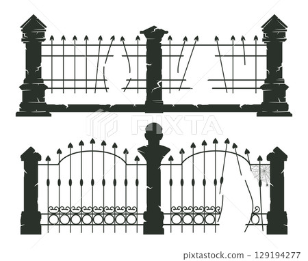 Cemetery fence silhouettes. Halloween creepy cemetery gates, spooky horror halloween decorations flat vector illustration set. Churchyard fences on white 129194277