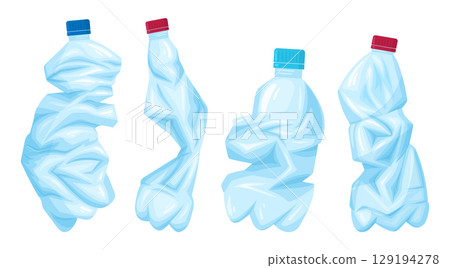 Crushed water bottles. Crumpled empty plastic bottles, plastic trash bottles for recycling flat vector illustration set. Cartoon broken plastic water containers 129194278