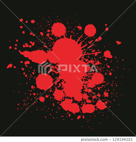 Grunge blood drops silhouettes. Spooky halloween party decorations, red dripping blood splash flat vector illustration. Halloween blood splatter on dark background Grunge blood drops silhouettes. Spooky halloween party decorations, red dripping blood splash flat vector illustration. Halloween blood splatter on dark background 129194281