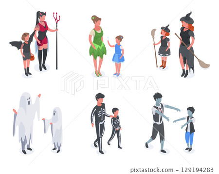 Halloween party characters. Isometric ghost, witch and fairy carnival costumes, halloween party masquerade people 3d vector illustration set. People in various costumes 129194283