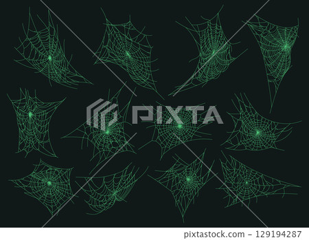 Halloween spooky cobweb. Horror october party spider web decor flat vector illustration set. Halloween hanging spider web collection 129194287