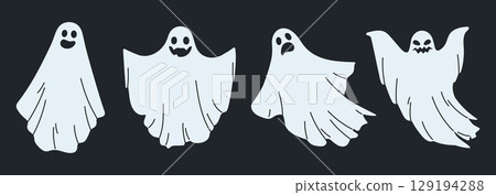 Halloween spooky ghosts. Scary night shadows and naughty phantom ghosts, funny ghosted spirits flat vector illustrations set. Cute flying mysterious phantoms 129194288