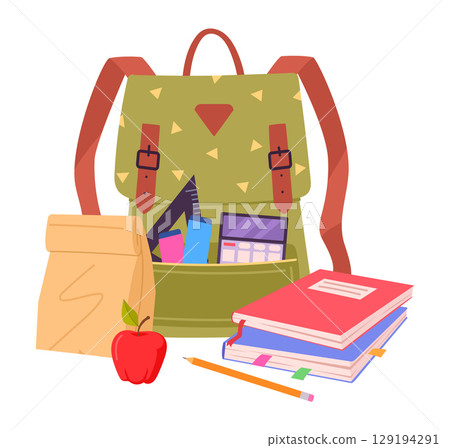 Kids school backpack. Cartoon childish school backpack with books and school supplies flat vector illustration. School bag on white 129194291