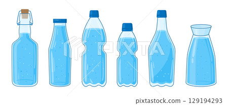 Plastic bottles. Water plastic containers, bottles of various shapes, mineral water flasks flat vector illustration set. Cartoon transparent water bottles 129194293