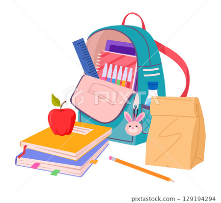 School backpack. Kids school backpack with books and school supplies flat vector illustration. Cartoon childish bag on white background 129194294