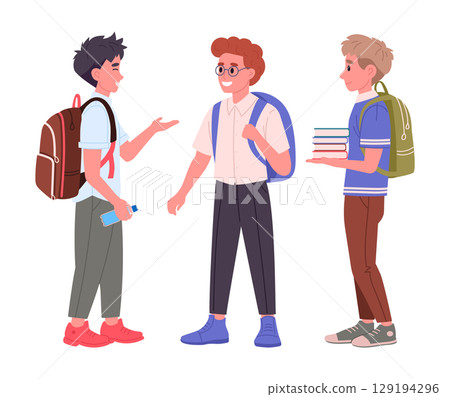 School students group. Middle school students with backpacks and books, male school pupils flat vector illustration set. Happy friends chatting 129194296