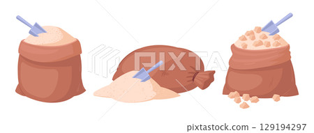 Sweet sugar powder textile bags. Cartoon sugar package, sugarcane product sackcloth bags flat vector illustration set. Sugarcane production bags Sweet sugar powder textile bags. Cartoon sugar package, sugarcane product sackcloth bags flat vector illustration set. Sugarcane production bags 129194297