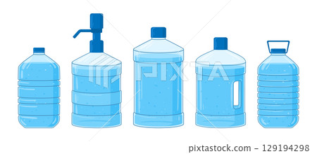Water plastic containers. Big plastic bottles of various shapes, mineral water flasks flat vector illustration set. Cartoon transparent water bottles 129194298