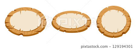 Wooden sign boards. Cartoon oval wood boards with old papyrus paper cards, blank wooden frames flat vector illustration set. Hanging wooden signs on white 129194301