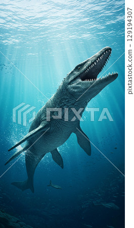 潛伏在海中的巨型爬行動物滄龍的逼真 CG 潛伏在海中的巨型爬行動物滄龍的逼真 CG 129194307