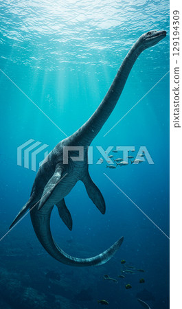 Realistic CG of the giant reptile Mosasaurus lurking in the sea Realistic CG of the giant reptile Mosasaurus lurking in the sea 129194309