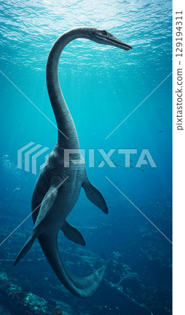 Realistic CG of the giant reptile Mosasaurus lurking in the sea 129194311
