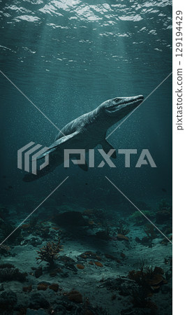 潛伏在海中的巨型爬行動物滄龍的逼真 CG 潛伏在海中的巨型爬行動物滄龍的逼真 CG 129194429