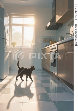 Illustration material: Light spilling on the cold floor and the shadow of a cat 129194455