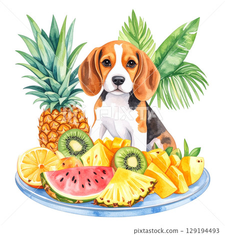 Tropical fruit platter and beagle watercolor illustration 2 / flyer and poster material 129194493