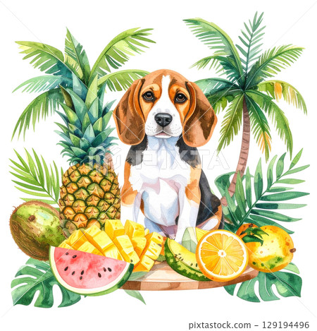 Tropical fruit platter and beagle watercolor illustration 5 / flyer and poster material 129194496