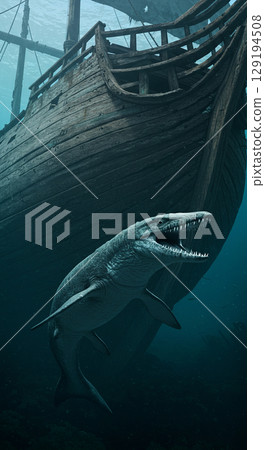 潛伏在海中的巨型爬行動物滄龍的逼真 CG 潛伏在海中的巨型爬行動物滄龍的逼真 CG 129194508