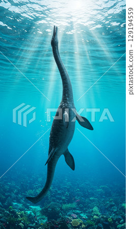 潛伏在海中的巨型爬行動物滄龍的逼真 CG 129194559