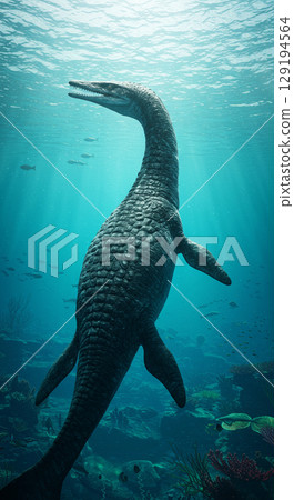Realistic CG of the giant reptile Mosasaurus lurking in the sea 129194564