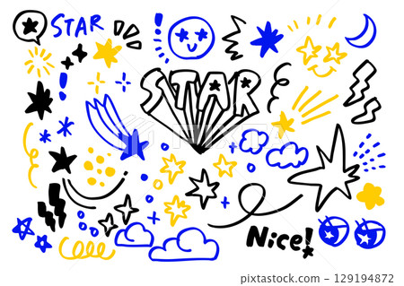A pop, colorful, cute doodle illustration set with hand-drawn stars and sparkles scattered throughout 129194872