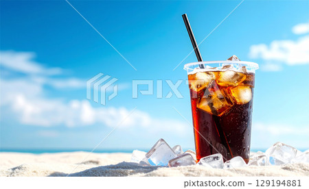 Enjoying a cold cola under the blue sky and sandy beach in summer | A plastic cup full of ice and a refreshing feeling 129194881