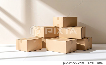 Minimalist mockup of stacked cardboard boxes in a room with natural light | Represents moving, delivery, packing, and storage Minimalist mockup of stacked cardboard boxes in a room with natural light | Represents moving, delivery, packing, and storage 129194882