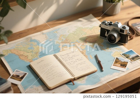 插圖資料:一張桌子上的地圖、相機和旅行筆記本(計畫旅行) 插圖資料:一張桌子上的地圖、相機和旅行筆記本(計畫旅行) 129195051