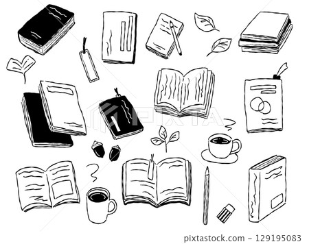 Hand-drawn autumn reading goods illustration set (monochrome line drawing) 129195083
