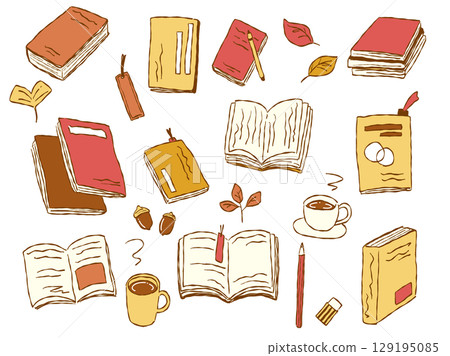 Hand-drawn autumn reading goods illustration set (color, autumn color 02) 129195085