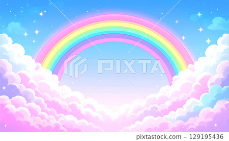 夢幻般的雲彩和閃閃發光的彩虹的可愛背景 夢幻般的雲彩和閃閃發光的彩虹的可愛背景 129195436