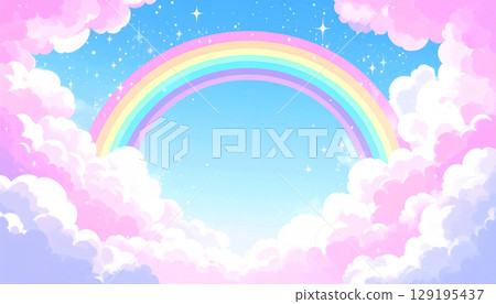 夢幻般的雲彩和閃閃發光的彩虹的可愛背景 夢幻般的雲彩和閃閃發光的彩虹的可愛背景 129195437