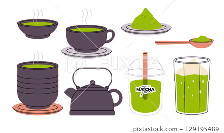 A diverse collection of matcha tea elements including hot and cold beverages traditional tools powder perfect for illustrating healthy drinks and Japanese tea culture 129195489