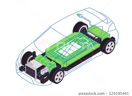 A translucent blue outline of an electric car reveals green internal components the battery pack and electric motor emphasizing the core technology electric vehicles 129195491