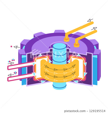 Thermonuclear fusion reactor including toroidal and poloidal fields plasma magnets and fuel showcasing the process of controlled thermonuclear fusion clean illustration 129195514