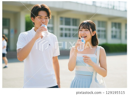 男女學生喝水防中暑 男女學生喝水防中暑 129195515