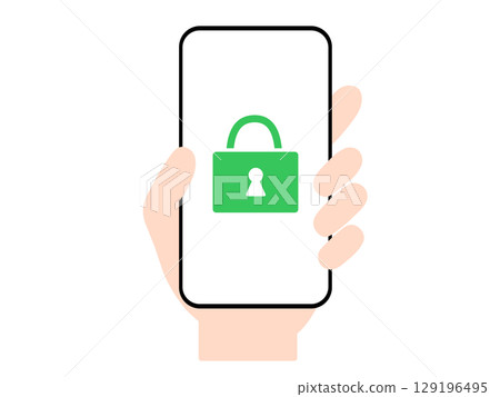 Illustration of a hand operating a smartphone | Icons for security, lock, privacy protection, etc. 129196495