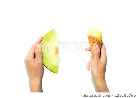 Hands present a slice of melon and ice cream cone, isolated on white, PNG 129196760