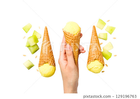 Hand with two cones of melon ice cream, isolated on white, PNG 129196763