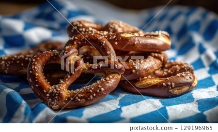 Salted soft pretzels on blue cloth, created with AI 129196965