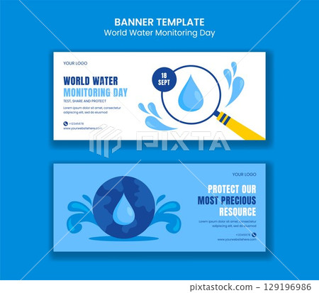 Water Monitoring Day Horizontal Banner Template with Hand Drawn Cartoon Background 129196986